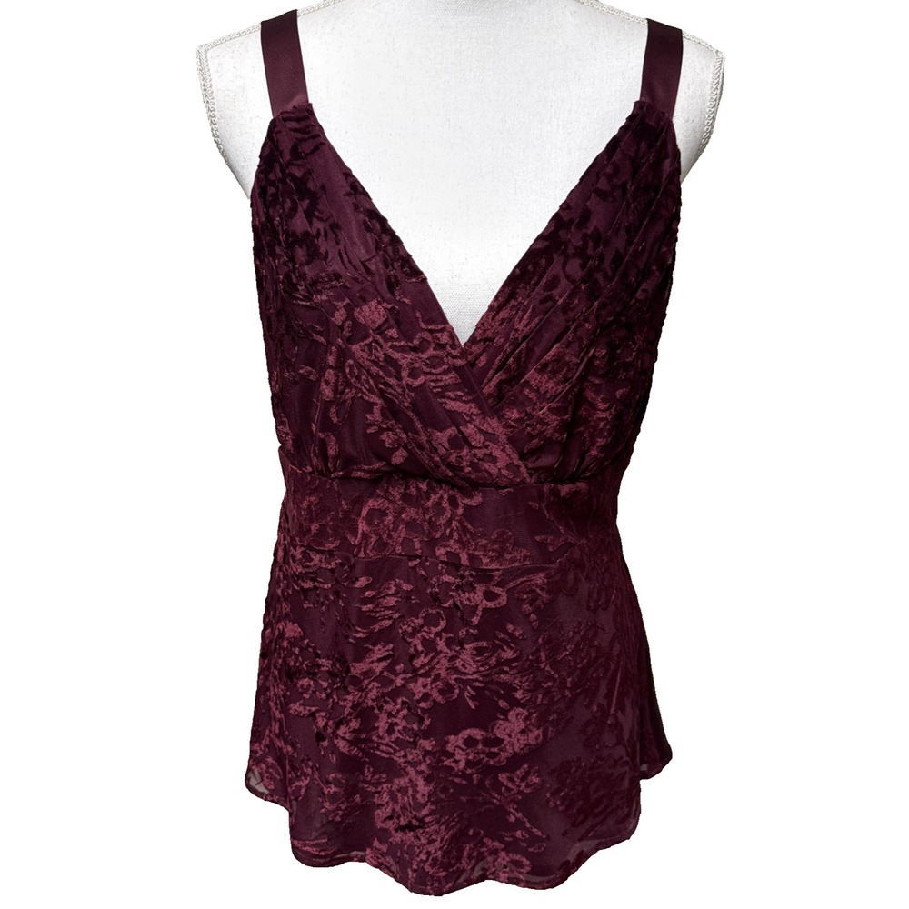 Y2K Mixit Babydoll Velvet Burn Out Top Size Large Satin Bow Burgundy Wine Vamp